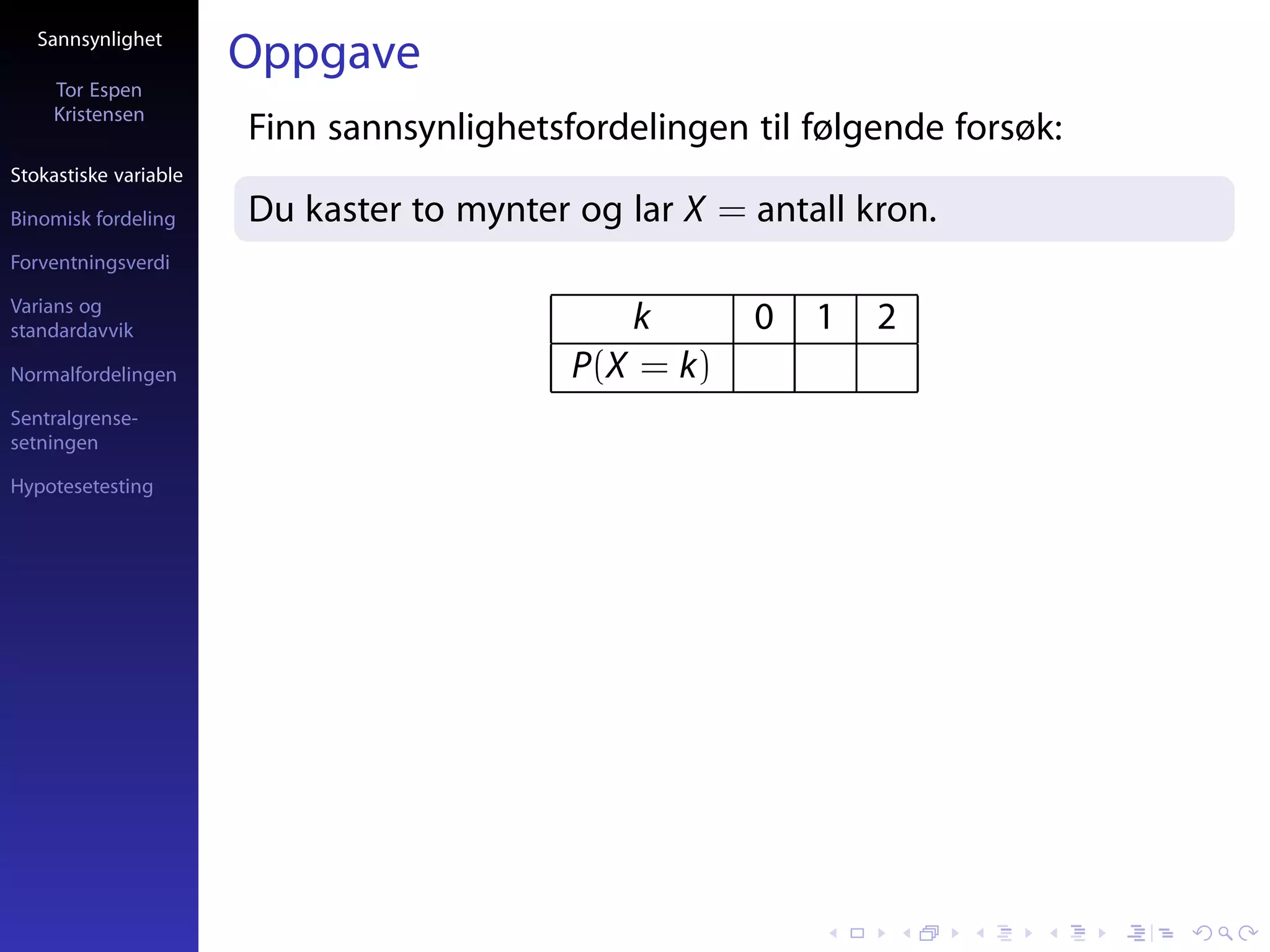 Sannsynlighet
                       Oppgave
     Tor Espen
     Kristensen
                       Finn sannsynlighetsfordelingen til følgende forsøk:
Stokastiske variable

Binomisk fordeling     Du kaster to mynter og lar X = antall kron.
Forventningsverdi

Varians og
standardavvik                                  k      0   1   2
Normalfordelingen                          P(X = k)
Sentralgrense-
setningen

Hypotesetesting
 