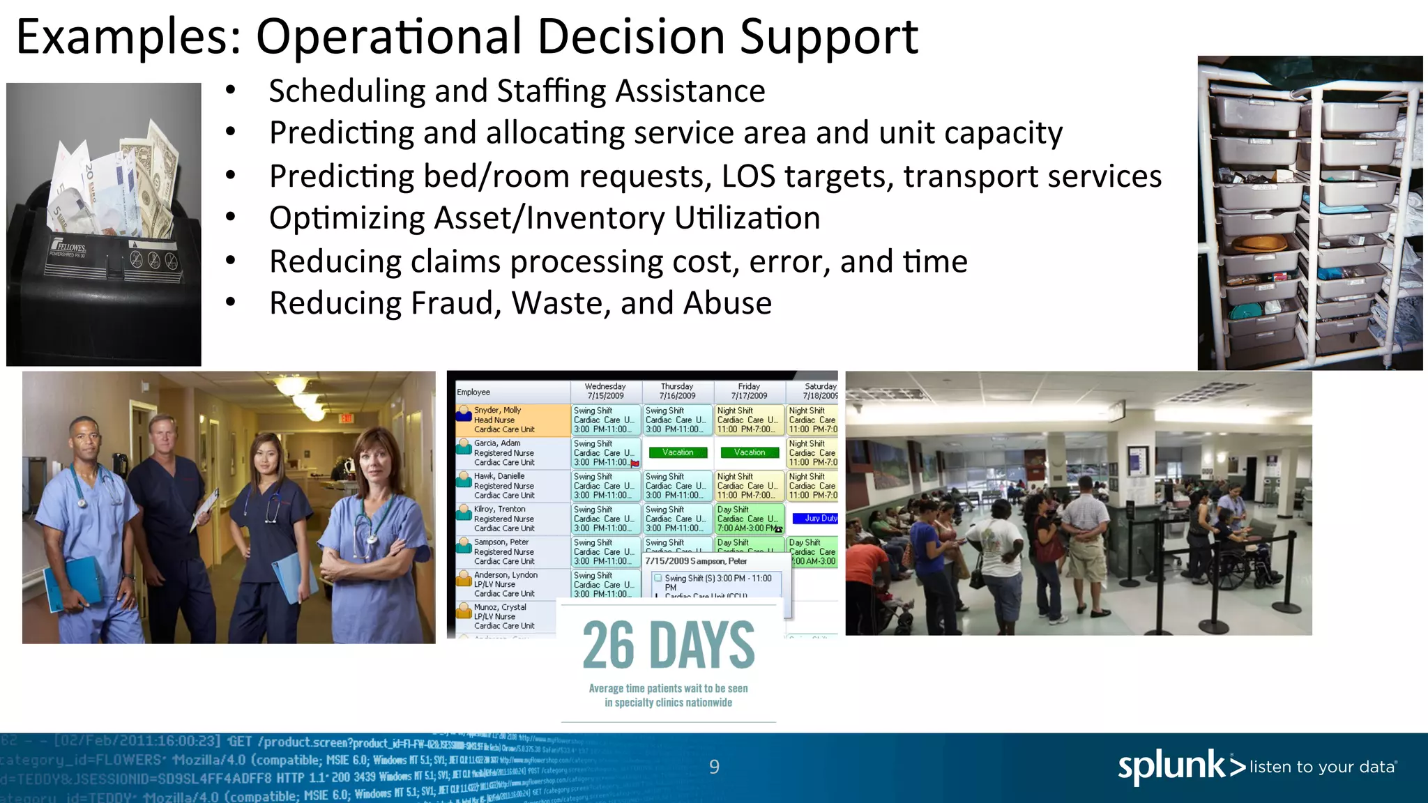 Examples:	
  Opera<onal	
  Decision	
  Support	
  
9	
  
•  Scheduling	
  and	
  Staﬃng	
  Assistance	
  
•  Predic<ng	
  and	
  alloca<ng	
  service	
  area	
  and	
  unit	
  capacity	
  
•  Predic<ng	
  bed/room	
  requests,	
  LOS	
  targets,	
  transport	
  services	
  	
  
•  Op<mizing	
  Asset/Inventory	
  U<liza<on	
  	
  
•  Reducing	
  claims	
  processing	
  cost,	
  error,	
  and	
  <me	
  
•  Reducing	
  Fraud,	
  Waste,	
  and	
  Abuse	
  
	
  
	
  	
  	
  	
  	
  	
  	
  	
  	
  	
  	
  	
  	
  	
  	
  
	
  
 