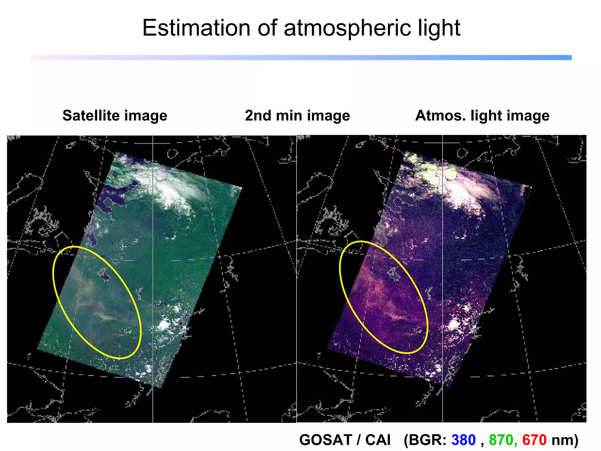 Estimation of atmospheric light GOSAT / CAI  (BGR:  380  ,  870,  670   nm)  Satellite image 2nd min image Atmos. light image 