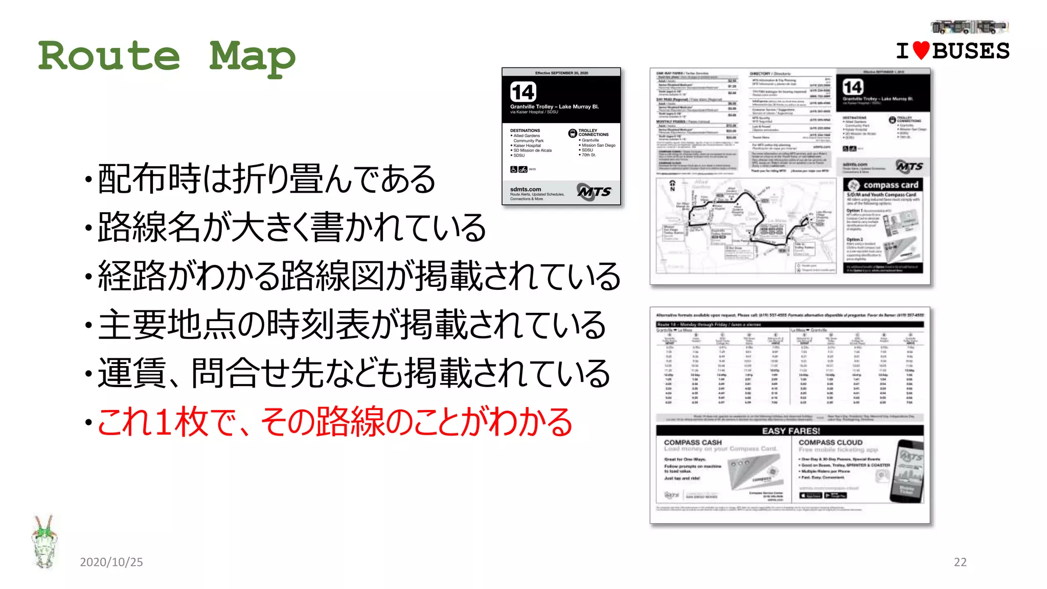 Route Map
2020/10/25 22
・配布時は折り畳んである
・路線名が大きく書かれている
・経路がわかる路線図が掲載されている
・主要地点の時刻表が掲載されている
・運賃、問合せ先なども掲載されている
・これ1枚で、その路線のことがわかる
IwBUSES
 