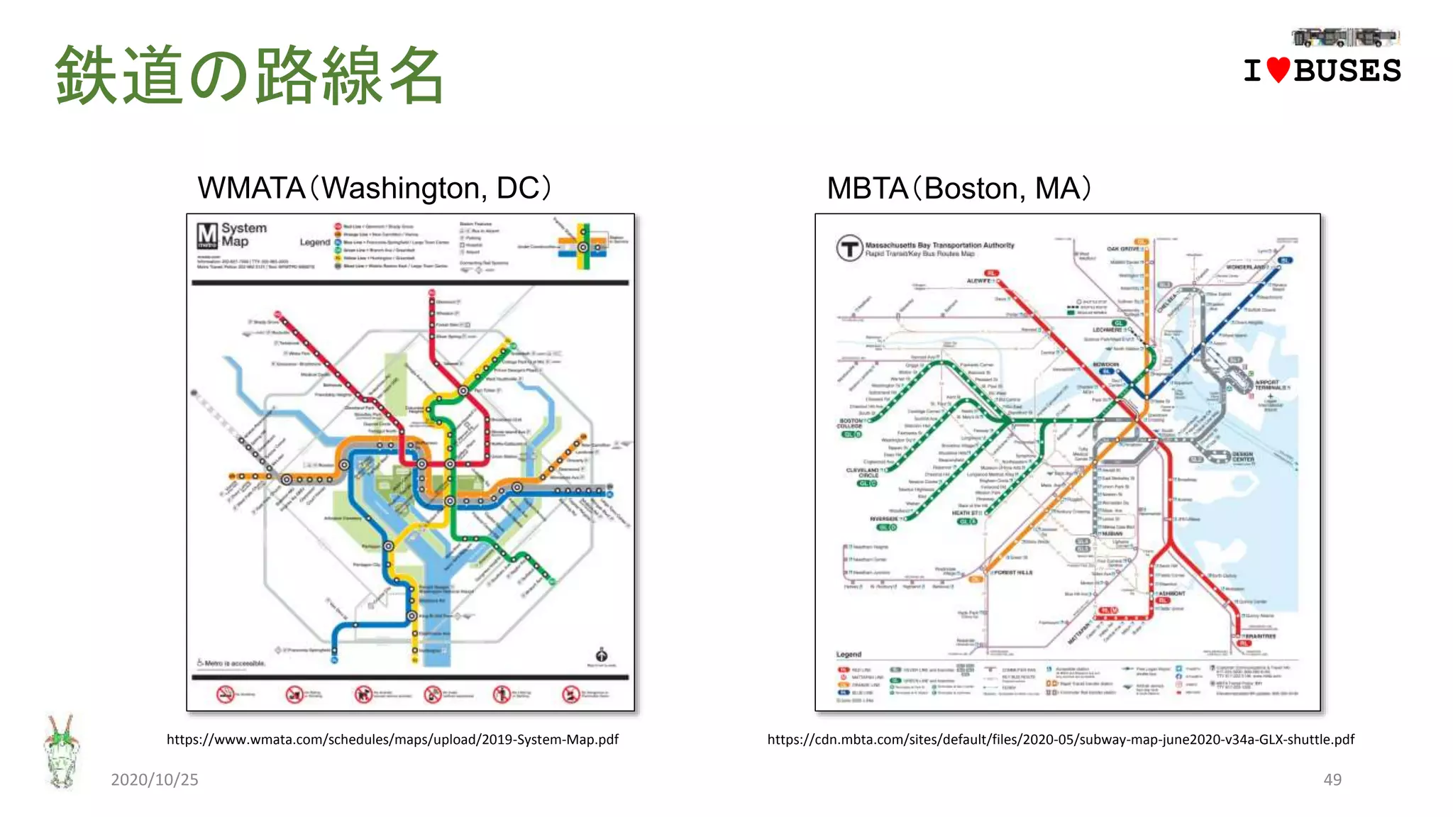 鉄道の路線名
2020/10/25 49
https://www.wmata.com/schedules/maps/upload/2019-System-Map.pdf https://cdn.mbta.com/sites/default/files/2020-05/subway-map-june2020-v34a-GLX-shuttle.pdf
WMATA（Washington, DC） MBTA（Boston, MA）
IwBUSES
 