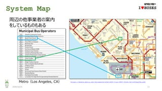 System Map
2020/10/25 11
Metro（Los Angeles, CA）
IwBUSES
周辺の他事業者の案内
をしているものもある
https://media.metro.net/documents/a5e11b4f-11ac-4807-8cd2-0e7cff6aa94e.pdf
 