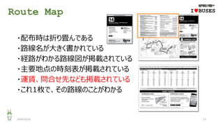 Route Map
2020/10/25 21
・配布時は折り畳んである
・路線名が大きく書かれている
・経路がわかる路線図が掲載されている
・主要地点の時刻表が掲載されている
・運賃、問合せ先なども掲載されている
・これ1枚で、その路線のことがわかる
IwBUSES
 