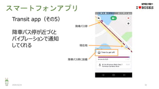 スマートフォンアプリ
2020/10/25 42
IwBUSES
Transit app（その5）
降車バス停が近づくと
バイブレーションで通知
してくれる 現在地
降車バス停に到着
降車バス停
 