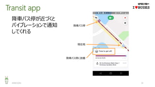 Transit app
2020/12/01 23
IwBUSES
降車バス停が近づくと
バイブレーションで通知
してくれる
現在地
降車バス停に到着
降車バス停
 