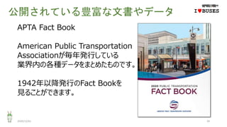 公開されている豊富な文書やデータ
2020/12/01 39
IwBUSES
APTA Fact Book
American Public Transportation
Associationが毎年発行している
業界内の各種データをまとめたものです。
1942年以降発行のFact Bookを
見ることができます。
 