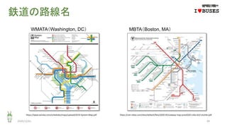 鉄道の路線名
2020/12/01 49
https://www.wmata.com/schedules/maps/upload/2019-System-Map.pdf https://cdn.mbta.com/sites/default/files/2020-05/subway-map-june2020-v34a-GLX-shuttle.pdf
WMATA（Washington, DC） MBTA（Boston, MA）
IwBUSES
 