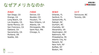 なぜアメリカなのか
西海岸 内陸部 東海岸 カナダ
San Diego, CA Denver, CO Orlando, FL Vancouver, BC
Orange, CA Boulder, CO Sanford, FL Toronto, ON
Long Beach, CA Houston, TX Jacksonville, FL
Los Angeles, CA New Orleans, LA Raleigh, NC
Santa Monica, CA Atlanta, GA Durham, NC
San Francisco, CA Minneapolis, MN Charlotte, NC
Oakland, CA Saint Paul, MN Alexandria, VA
Sacramento, CA Chicago, IL Washington, DC
Portland, OR Baltimore, MD
Seattle, WA Philadelphia, PA
Atlantic City, NJ
Newark, NJ
New York, NY
Buffalo, NY
Boston, MA
2020/12/01 8
IwBUSES
 