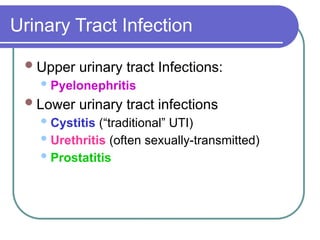 Urinary Tract Infection
Upper urinary tract Infections:
Pyelonephritis
Lower urinary tract infections
Cystitis (“traditional” UTI)
Urethritis (often sexually-transmitted)
Prostatitis
 