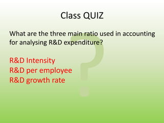 Class QUIZ?What are the three main ratio used in accounting for analysing R&D expenditure?R&D Intensity R&D per employee R&D growth rate