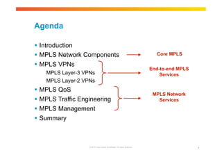 © 2010 Cisco and/or its affiliates. All rights reserved. 4 
Agenda 
 Introduction 
 MPLS Network Components 
 MPLS VPNs 
MPLS Layer-3 VPNs 
MPLS Layer-2 VPNs 
 MPLS QoS 
 MPLS Traffic Engineering 
 MPLS Management 
 Summary 
Core MPLS 
End-to-end MPLS 
Services 
MPLS Network 
Services 
 