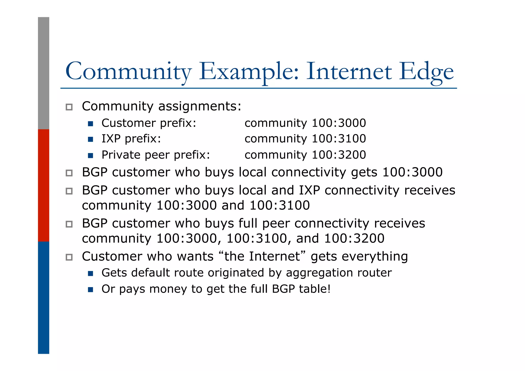 Community Example: Internet Edge
p  Community assignments:
n  Customer prefix: community 100:3000
n  IXP prefix: community 100:3100
n  Private peer prefix: community 100:3200
p  BGP customer who buys local connectivity gets 100:3000
p  BGP customer who buys local and IXP connectivity receives
community 100:3000 and 100:3100
p  BGP customer who buys full peer connectivity receives
community 100:3000, 100:3100, and 100:3200
p  Customer who wants “the Internet” gets everything
n  Gets default route originated by aggregation router
n  Or pays money to get the full BGP table!
 