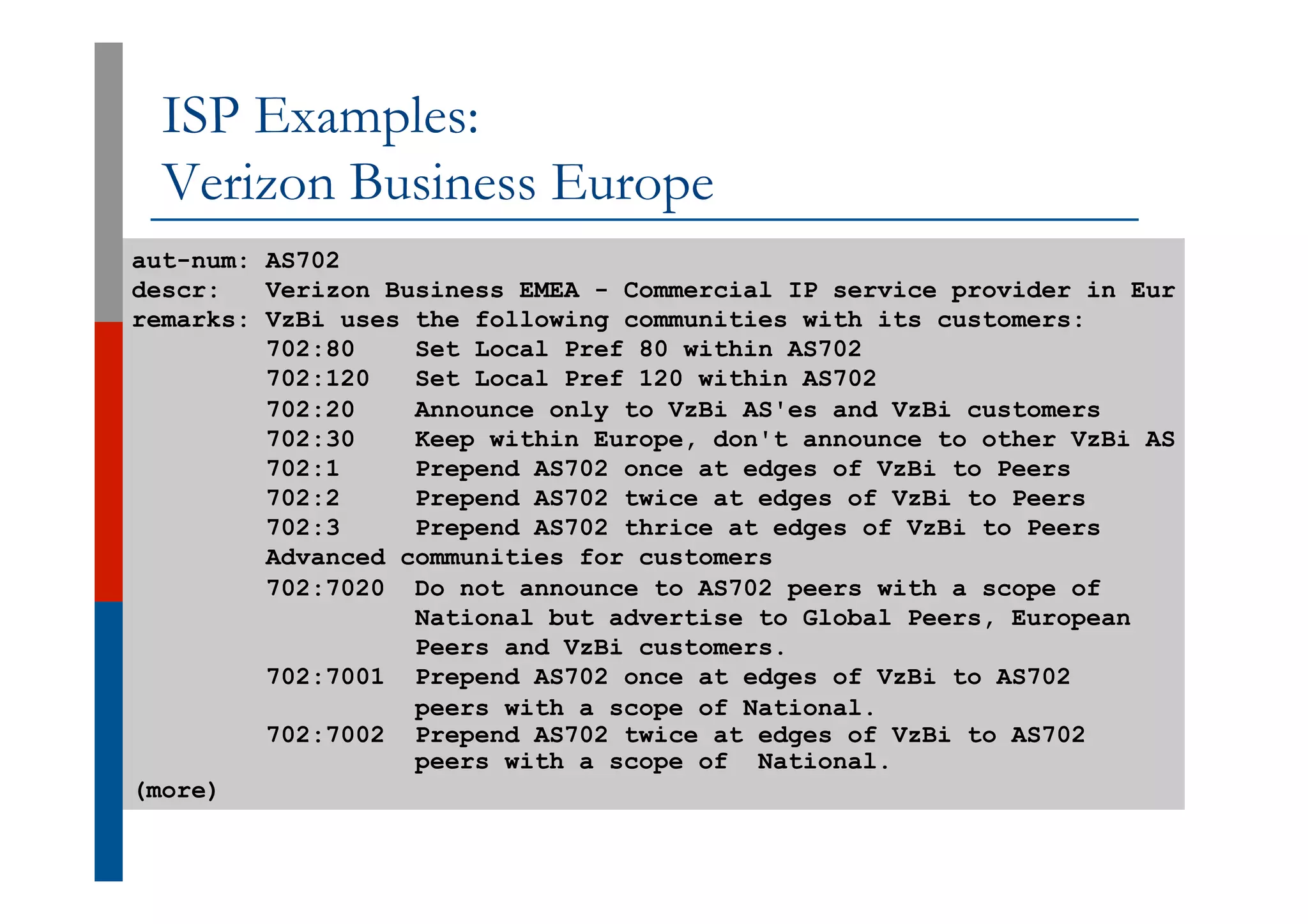 ISP Examples:
Verizon Business Europe
aut-num: AS702
descr: Verizon Business EMEA - Commercial IP service provider in Eur
remarks: VzBi uses the following communities with its customers:
702:80 Set Local Pref 80 within AS702
702:120 Set Local Pref 120 within AS702
702:20 Announce only to VzBi AS'es and VzBi customers
702:30 Keep within Europe, don't announce to other VzBi AS
702:1 Prepend AS702 once at edges of VzBi to Peers
702:2 Prepend AS702 twice at edges of VzBi to Peers
702:3 Prepend AS702 thrice at edges of VzBi to Peers
Advanced communities for customers
702:7020 Do not announce to AS702 peers with a scope of
National but advertise to Global Peers, European
Peers and VzBi customers.
702:7001 Prepend AS702 once at edges of VzBi to AS702
peers with a scope of National.
702:7002 Prepend AS702 twice at edges of VzBi to AS702
peers with a scope of National.
(more)
 