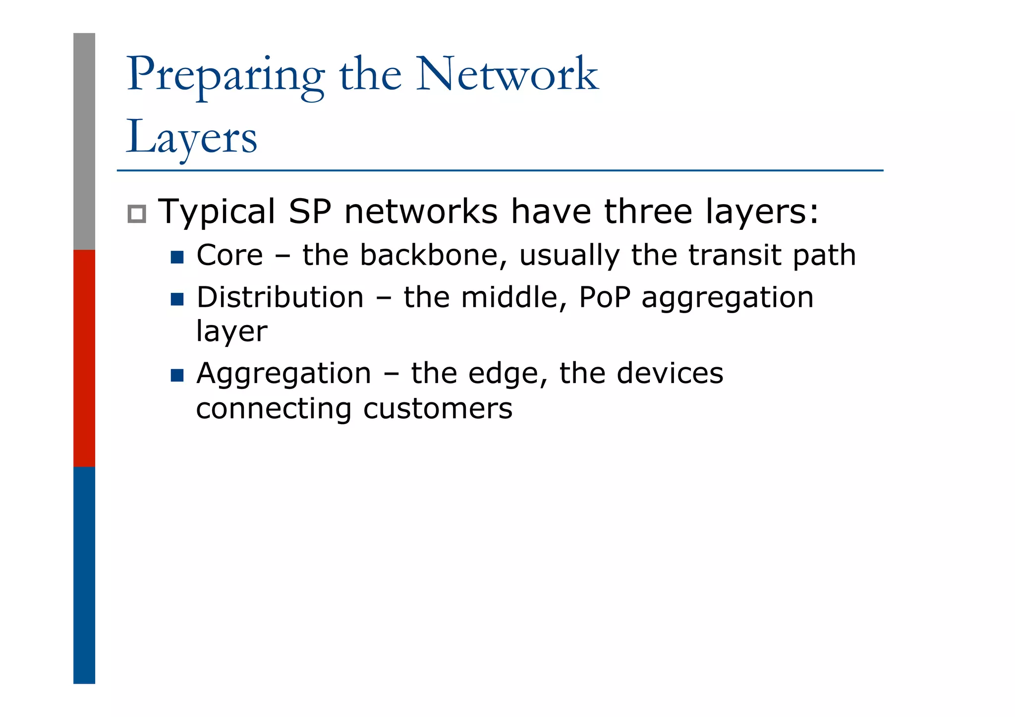 Preparing the Network
Layers
p  Typical SP networks have three layers:
n  Core – the backbone, usually the transit path
n  Distribution – the middle, PoP aggregation
layer
n  Aggregation – the edge, the devices
connecting customers
 