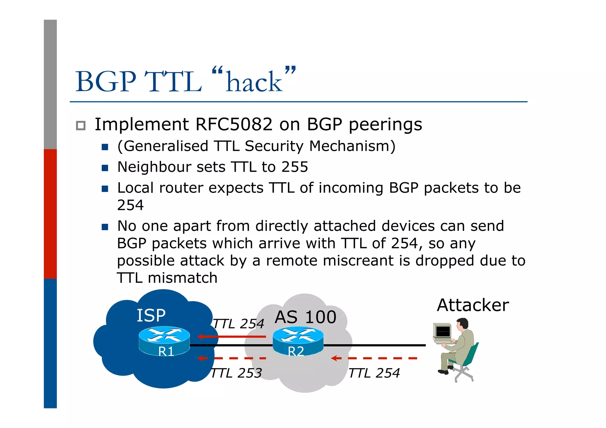 BGP TTL “hack”
p  Implement RFC5082 on BGP peerings
n  (Generalised TTL Security Mechanism)
n  Neighbour sets TTL to 255
n  Local router expects TTL of incoming BGP packets to be
254
n  No one apart from directly attached devices can send
BGP packets which arrive with TTL of 254, so any
possible attack by a remote miscreant is dropped due to
TTL mismatch
ISP AS 100
Attacker
TTL 254
TTL 253 TTL 254
R1 R2
 