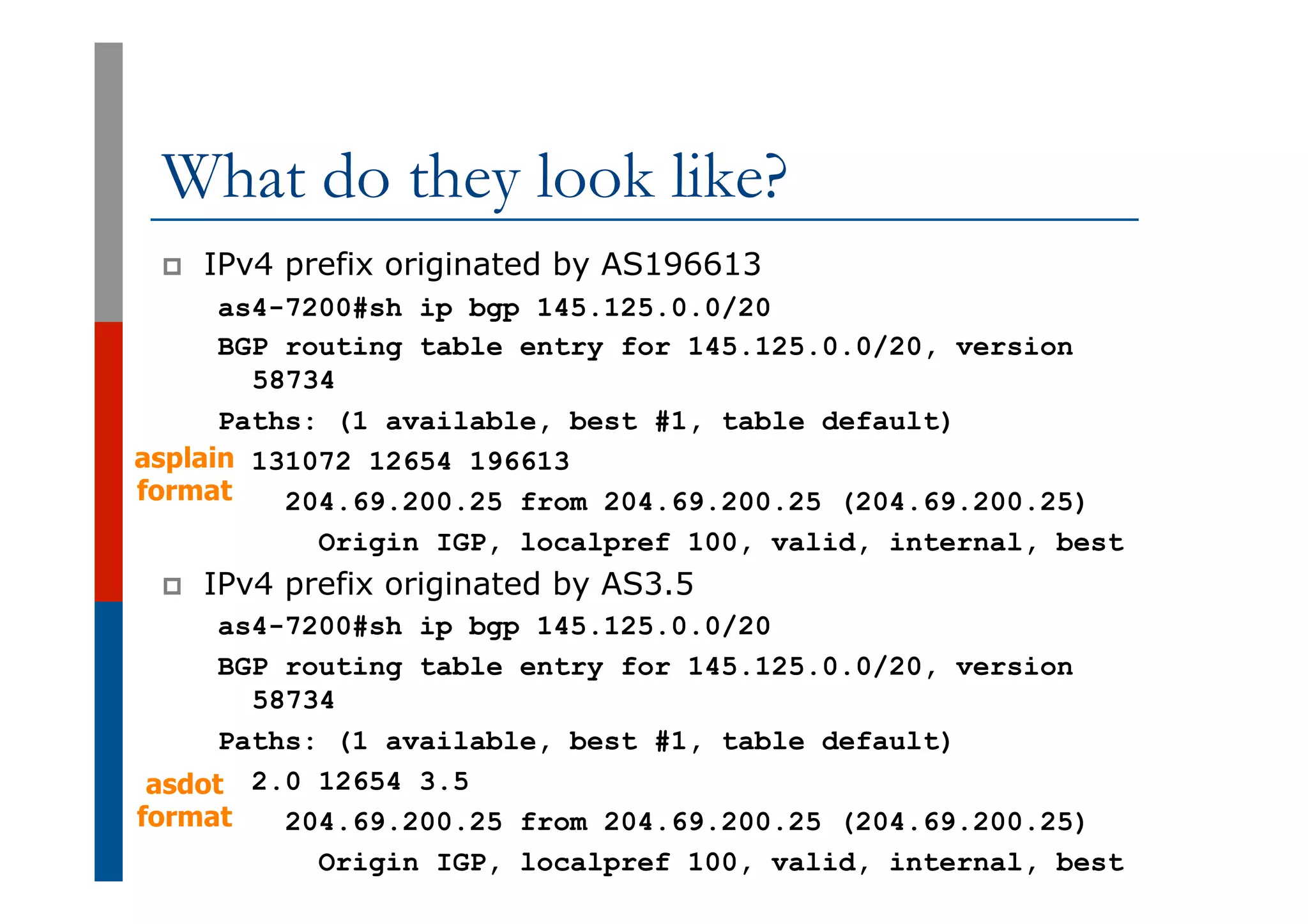 asdot
format
asplain
format
What do they look like?
p  IPv4 prefix originated by AS196613
as4-7200#sh ip bgp 145.125.0.0/20
BGP routing table entry for 145.125.0.0/20, version
58734
Paths: (1 available, best #1, table default)
131072 12654 196613
204.69.200.25 from 204.69.200.25 (204.69.200.25)
Origin IGP, localpref 100, valid, internal, best
p  IPv4 prefix originated by AS3.5
as4-7200#sh ip bgp 145.125.0.0/20
BGP routing table entry for 145.125.0.0/20, version
58734
Paths: (1 available, best #1, table default)
2.0 12654 3.5
204.69.200.25 from 204.69.200.25 (204.69.200.25)
Origin IGP, localpref 100, valid, internal, best
 