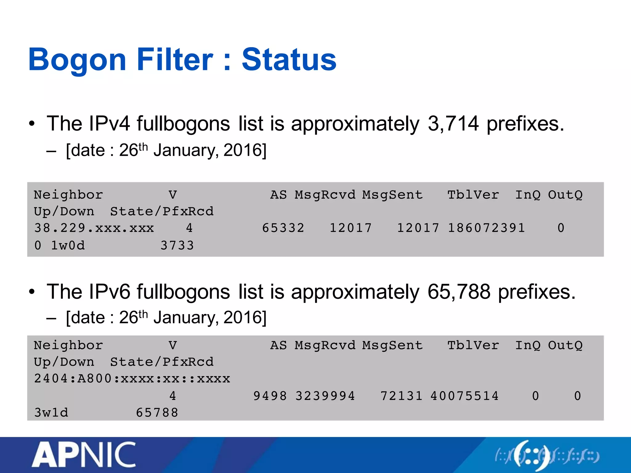 Bogon Filter : Status
• The IPv4 fullbogons list is approximately 3,714 prefixes.
– [date : 26th January, 2016]
• The IPv6 fullbogons list is approximately 65,788 prefixes.
– [date : 26th January, 2016]
Neighbor V AS MsgRcvd MsgSent TblVer InQ OutQ
Up/Down State/PfxRcd
38.229.xxx.xxx 4 65332 12017 12017 186072391 0
0 1w0d 3733
Neighbor V AS MsgRcvd MsgSent TblVer InQ OutQ
Up/Down State/PfxRcd
2404:A800:xxxx:xx::xxxx
4 9498 3239994 72131 40075514 0 0
3w1d 65788
 