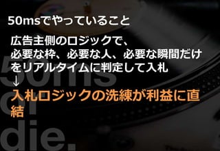 50msでやっていること
広告主側のロジックで、
必要な枠、必要な人、必要な瞬間だけ
をリアルタイムに判定して入札
↓
入札ロジックの洗練が利益に直
結
 