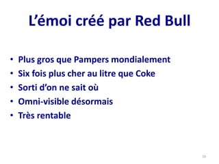 L’émoi créé par Red Bull
• Plus gros que Pampers mondialement
• Six fois plus cher au litre que Coke
• Sorti d’on ne sait où
• Omni-visible désormais
• Très rentable
19
 
