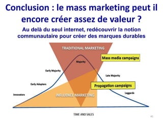 Conclusion : le mass marketing peut il
encore créer assez de valeur ?
Au delà du seul internet, redécouvrir la notion
communautaire pour créer des marques durables
45
 