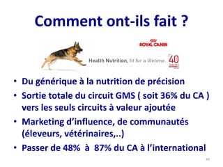 Comment ont-ils fait ?
• Du générique à la nutrition de précision
• Sortie totale du circuit GMS ( soit 36% du CA )
vers les seuls circuits à valeur ajoutée
• Marketing d’influence, de communautés
(éleveurs, vétérinaires,..)
• Passer de 48% à 87% du CA à l’international
49
 
