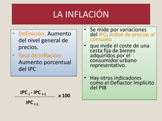 LA INFLACIÓN
                             • Se mide por variaciones
• Definición: Aumento          del IPC: índice de precios al
  del nivel general de         consumo
  precios.                   • que mide el coste de una
                               cesta fija de bienes
• Tasa de inflación:           adquiridos por el
  Aumento porcentual           consumidor urbano
                               representativo.
  del IPC
                             • Hay otros indicadores
                               como el Deflactor Implícito
                               del PIB
  IPC t - IPC t-1
                     x 100
     IPC t-1
 