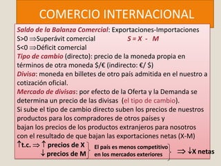 COMERCIO INTERNACIONAL
Saldo de la Balanza Comercial: Exportaciones-Importaciones
S>0 Superávit comercial               S=X - M
S<0 Déficit comercial
Tipo de cambio (directo): precio de la moneda propia en
términos de otra moneda $/€ (indirecto: €/ $)
Divisa: moneda en billetes de otro país admitida en el nuestro a
cotización oficial.
Mercado de divisas: por efecto de la Oferta y la Demanda se
determina un precio de las divisas (el tipo de cambio).
Si sube el tipo de cambio directo suben los precios de nuestros
productos para los compradores de otros países y
bajan los precios de los productos extranjeros para nosotros
con el resultado de que bajan las exportaciones netas (X-M)
  t.c.     precios de X El país es menos competitivo
           precios de M en los mercados exteriores         X netas
 