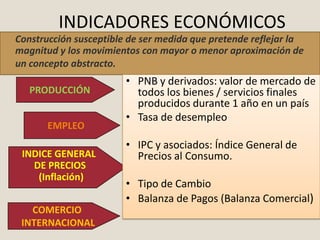 INDICADORES ECONÓMICOS
Construcción susceptible de ser medida que pretende reflejar la
magnitud y los movimientos con mayor o menor aproximación de
un concepto abstracto.
                        • PNB y derivados: valor de mercado de
   PRODUCCIÓN             todos los bienes / servicios finales
                          producidos durante 1 año en un país
                        • Tasa de desempleo
       EMPLEO
                        • IPC y asociados: Índice General de
 INDICE GENERAL           Precios al Consumo.
   DE PRECIOS
    (Inflación)
                        • Tipo de Cambio
                        • Balanza de Pagos (Balanza Comercial)
   COMERCIO
 INTERNACIONAL
 