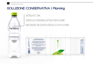 31 PROPOSTA DI PACK
SOLUZIONE CONSERVATIVA | Planning
BOTTIGLIA PET, 33ML
ISPIRATA ALLA TRADIZIONALE BOTTIGLIA SAN PELLEGRINO
NON CONSENTE UNO SVILUPPO VERTICALE SU TUTTA LA FORMA
ACQUA MINERALE NATURALE
ADDIZIONATA DI ANIDRIDE CARBONICA
0,33 ML
San Pellegrino Smart è una bevanda gassata
analcolica aromatizzata con estratti di vera frutta.
Disponibile nelle varietà mela verde e mirtillo dalle
proprietà puriﬁcanti e antiossidanti.
San Pellegrino Smart è la compagna perfetta per una
vita sana ed equilibrata poichè ricca di vitamine e
proprietà beneﬁche.
Conservare in luogo fresco, asciutto, pulito, senza
odori ed al riparo dalla luce diretta e da altre fonti di
calore. Richiudere sempre la bottiglia dopo l’uso.
Autorizzazione decreto Ministeriale della Sanità
n° 3142 - 086 del 24/03/1999
Imbottigliata da San Pellegrino S.p.a
NUMERO VERDE
800455444
NONGASSATA.SERVIREFRESCO.
ProdottoeimbottigliatodaAcquaMineraleSan
BenedettoS.p.A.SedeestabilimentoVialeKennedy
65,Scorzè(VE)-Italia
10041210
BEVANDAANALCOLICADITHÈALLIMONECONZUCCHERI
EDEDULCORANTE.Ingredienti:acquamineralenaturale
(80%),zucchero,fruttosio(0,5%),aromi,acidiﬁcante:acido
citrico,estrattodithè,succodilimone(0,1%)daconcentrato,
antiossidante:acidoascorbico,edulcorante:sucralosio.
LOTTODIPRODUZIONEEDACONSUMARSIPREFERIBILMENTE
ENTROLAFINE:VEDEREINDICAZIONISULFONDO.CONSERVARE
INLUOGOASCIUTTOEPULITO,ALRIPARODALLALUCESOLAREE
DAFONTIDICALORE.PULIREILCOPERCHIOPRIMADIBERE.
INFORMAZIONINUTRIZIONALI
(VALORIMEDI)
Valoreenergetico
Proteine
Grassi
dicuiacidigrassisaturi
Carboidrati
dicuizuccheri
Sale
0%
4%
0%
0%
8%
22%
0%
0g
0g
0g
107kJ
25kcal
6g
6g
0g
PER
100ml
0g
0g
0g
352kJ
83kcal
19,8g
19,8g
0g
PER
330ml
%GDA*
(330ml)
*GDAQuantità
Giornaliera
Indicativa.
Assunzionidi
riferimentodiun
adultomedio
(8400kJ/2000kcal).
Questalattina
contiene1porzione
da330ml.
 