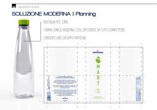 36 PROPOSTA DI PACK
SOLUZIONE MODERNA | Planning
BOTTIGLIA PET, 33ML
FORMA CONICA, MODERNA, COOL, DIFFERENTE DA TUTTI I COMPETITORS
CONSENTE UNO SVILUPPO VERTICALE
ACQUA MINERALE NATURALE
ADDIZIONATA DI ANIDRIDE CARBONICA
0,33 ML
San Pellegrino Smart è una bevanda gassata
analcolica aromatizzata con estratti di vera frutta.
Disponibile nelle varietà mela verde e mirtillo dalle
proprietà puriﬁcanti e antiossidanti.
San Pellegrino Smart è la compagna perfetta per una
vita sana ed equilibrata poichè ricca di vitamine e
proprietà beneﬁche.
Conservare in luogo fresco, asciutto, pulito, senza
odori ed al riparo dalla luce diretta e da altre fonti di
calore. Richiudere sempre la bottiglia dopo l’uso.
Autorizzazione decreto Ministeriale della Sanità
n° 3142 - 086 del 24/03/1999
Imbottigliata da San Pellegrino S.p.a
NUMERO VERDE
800455444
NONGASSATA.SERVIREFRESCO.
ProdottoeimbottigliatodaAcquaMineraleSan
BenedettoS.p.A.SedeestabilimentoVialeKennedy
65,Scorzè(VE)-Italia
10041210
BEVANDAANALCOLICADITHÈALLIMONECONZUCCHERI
EDEDULCORANTE.Ingredienti:acquamineralenaturale
(80%),zucchero,fruttosio(0,5%),aromi,acidiﬁcante:acido
citrico,estrattodithè,succodilimone(0,1%)daconcentrato,
antiossidante:acidoascorbico,edulcorante:sucralosio.
LOTTODIPRODUZIONEEDACONSUMARSIPREFERIBILMENTE
ENTROLAFINE:VEDEREINDICAZIONISULFONDO.CONSERVARE
INLUOGOASCIUTTOEPULITO,ALRIPARODALLALUCESOLAREE
DAFONTIDICALORE.PULIREILCOPERCHIOPRIMADIBERE.
INFORMAZIONINUTRIZIONALI
(VALORIMEDI)
Valoreenergetico
Proteine
Grassi
dicuiacidigrassisaturi
Carboidrati
dicuizuccheri
Sale
0%
4%
0%
0%
8%
22%
0%
0g
0g
0g
107kJ
25kcal
6g
6g
0g
PER
100ml
0g
0g
0g
352kJ
83kcal
19,8g
19,8g
0g
PER
330ml
%GDA*
(330ml)
*GDAQuantità
Giornaliera
Indicativa.
Assunzionidi
riferimentodiun
adultomedio
(8400kJ/2000kcal).
Questalattina
contiene1porzione
da330ml.
PURIFICANTE
AL GUSTO DI MELA VERDE
 