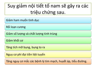 Suy giảm nội tiết tố nam sẽ gây ra các
triệu chứng sau.
Giảm ham muốn tình dục
Rối loạn cương
Giảm số lượng và chất lượng tinh trùng
Giảm khối cơ
Tăng tích mỡ bụng, bụng to ra
Nguy cơ phì đại tiền liệt tuyến
Tăng nguy cơ mắc các bệnh lý tim mạch, huyết áp, tiểu đường.

 