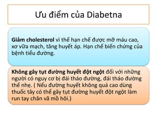 Ưu điểm của Diabetna
Giảm cholesterol vì thế hạn chế được mỡ máu cao,
xơ vữa mạch, tăng huyết áp. Hạn chế biến chứng của
bệnh tiểu đường.
Không gây tụt đường huyết đột ngột đối với những
người có nguy cơ bị đái tháo đường, đái tháo đường
thể nhẹ. ( Nếu đường huyết không quá cao dùng
thuốc tây có thể gây tụt đường huyết đột ngột làm
run tay chân vã mồ hôi.)

 