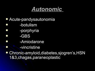 Autonomic  Acute-pandysautonomia -botulism -porphyria -GBS -Amiodarone -vincristine Chronic-amyloid,diabetes,sjogren’s,HSN 1&3,chagas,paraneoplastic 