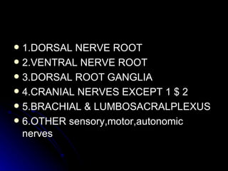 1.DORSAL NERVE ROOT 2.VENTRAL NERVE ROOT 3.DORSAL ROOT GANGLIA 4.CRANIAL NERVES EXCEPT 1 $ 2 5.BRACHIAL & LUMBOSACRALPLEXUS 6.OTHER sensory,motor,autonomic nerves 