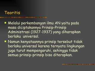 Teoritis

   Melalui perkembangan ilmu AN yaitu pada
    masa diciptakannya Prinsip-Prinsip
    Administrasi (1927-1937) yang diharapkan
    berlaku universal.
   Namun kenyataannya prinsip tersebut tidak
    berlaku universal karena ternyata lingkungan
    juga turut mempengaruhi, sehingga tidak
    semua prinsip-prinsip bisa diterapkan.
 