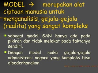 MODEL  merupakan alat
ciptaan manusia untuk
menganalisis, gejala-gejala
(realita) yang sangat kompleks
   sebagai model SAN hanya ada pada
    pikiran dan tidak melekat pada faktanya
    sendiri.
   Dengan model maka gejala-gejala
    administrasi negara yang kompleks bisa
    disederhanakan
 