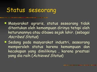 Status seseorang

   Masyarakat agraris, status seseorang tidak
    ditentukan oleh kemampuan dirinya tetapi oleh
    keturunannya atau dibawa sejak lahir. (sebagai
    Ascribed Status)
   Sedang pada masyarakat industri, seseorang
    memperoleh status karena kemampuan dan
    kecakapan yang dimilikinya , karena prestasi
    yang dia raih (Achieved Status)
 