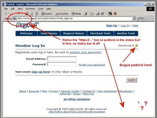 IP SpoofingDefinition:Attacker spoofs the address of another machine and inserts itself between the attacked machine and the spoofed machine to intercept repliesthus gaining access to all messages in both directions without the trouble of any cryptanalytic effort. The attacker must monitor the packets sent from Alice to Bob and then guess the sequence number of the packets. Then the attacker knocks out Alice and injects his own packets, claiming to have the address of Alice.From Address: 10.10.20.30To Address: 10.10.5.5Attacker intercepts packetsas they go to 10.10.20.30Replies sent back to 10.10.20.30John10.10.5.5Attacker10.10.50.50
