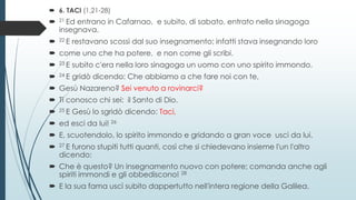  6. TACI (1,21-28)
 21 Ed entrano in Cafarnao, e subito, di sabato, entrato nella sinagoga
insegnava.
 22 E restavano scossi dal suo insegnamento; infatti stava insegnando loro
 come uno che ha potere, e non come gli scribi.
 23 E subito c'era nella loro sinagoga un uomo con uno spirito immondo.
 24 E gridò dicendo: Che abbiamo a che fare noi con te,
 Gesù Nazareno? Sei venuto a rovinarci?
 Ti conosco chi sei: il Santo di Dio.
 25 E Gesù lo sgridò dicendo: Taci,
 ed esci da lui! 26
 E, scuotendolo, lo spirito immondo e gridando a gran voce uscì da lui.
 27 E furono stupiti tutti quanti, così che si chiedevano insieme l'un l'altro
dicendo:
 Che è questo? Un insegnamento nuovo con potere; comanda anche agli
spiriti immondi e gli obbediscono! 28
 E la sua fama uscì subito dappertutto nell'intera regione della Galilea.
 