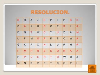 RESOLUCION.
R   R   A   J   E   P   I   P   B   C

C   A   K   U   S   C   E   S   L   A

D   N   T   W   C   Y   U   Z   A   M

L   F   M   O   A   F   T   Q   W   A

G   K   P   X   N   L   U   P   H   R

I   M   P   R   E   S   O   R   A   A

F   P   U   E   R   T   O   W   O   J

M   N   B   V   S   T   D   O   P   I
 