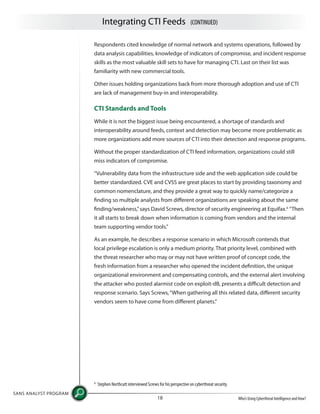 Integrating CTI Feeds (CONTINUED)
SANS ANALYST PROGRAM
Who’s Using Cyberthreat Intelligence and How?18
Respondents cited knowledge of normal network and systems operations, followed by
data analysis capabilities, knowledge of indicators of compromise, and incident response
skills as the most valuable skill sets to have for managing CTI. Last on their list was
familiarity with new commercial tools.
Other issues holding organizations back from more thorough adoption and use of CTI
are lack of management buy-in and interoperability.
CTI Standards and Tools
While it is not the biggest issue being encountered, a shortage of standards and
interoperability around feeds, context and detection may become more problematic as
more organizations add more sources of CTI into their detection and response programs.
Without the proper standardization of CTI feed information, organizations could still
miss indicators of compromise.
“Vulnerability data from the infrastructure side and the web application side could be
better standardized. CVE and CVSS are great places to start by providing taxonomy and
common nomenclature, and they provide a great way to quickly name/categorize a
finding so multiple analysts from different organizations are speaking about the same
finding/weakness,”says David Screws, director of security engineering at Equifax.6
“Then
it all starts to break down when information is coming from vendors and the internal
team supporting vendor tools.”
As an example, he describes a response scenario in which Microsoft contends that
local privilege escalation is only a medium priority. That priority level, combined with
the threat researcher who may or may not have written proof of concept code, the
fresh information from a researcher who opened the incident definition, the unique
organizational environment and compensating controls, and the external alert involving
the attacker who posted alarmist code on exploit-dB, presents a difficult detection and
response scenario. Says Screws,“When gathering all this related data, different security
vendors seem to have come from different planets.”
6
Stephen Northcutt interviewed Screws for his perspective on cyberthreat security.
 