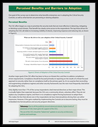 One goal of the survey was to determine what benefits enterprises see in adopting the Critical Security
Controls, as well as what barriers are preventing or slowing adoption.
Perceived Benefits
The CSC effort began as a way to prioritize the security tools that are most effective in detecting, mitigating
or blocking current threats. That benefit has clearly come across to the respondents: The top three drivers for
adopting the CSCs all relate to increasing visibility of attacks, improving response and reducing risk, as shown
in Figure 6.
Figure 6. Drivers of Adoption of the Critical Security Controls
Another major goal of the CSC effort has been to focus on threats first, and then to address compliance-
driven requirements. Compliance should be focused primarily on reporting on the results of a threat-focused
approach to security rather than on compliance itself as the primary goal. So, it’s no surprise that reconciling
and augmenting compliance regimes and other security frameworks was the next most frequently cited driver
for adopting the CSCs.
Only slightly more than 17% of the survey respondents cited internal directives as their major driver. This
is actually higher than expected, because the CSCs are a community-driven, voluntary effort. They do not
replace any compliance regime, and there is no compliance regime forcing businesses to adopt them.
This makes the fact that almost one in five respondents do have internal policies driving their use rather
impressive. However, if the gains realized by implementing the Controls are to become lasting, they must be
embedded into formal policies and security program directives.
Takeaway: Due to all the publicity around advanced attacks, higher levels of
awareness of risks mean gains for support of the CSCs.
The use of the CSCs should be “baked into” updates to security architectures,
policies and roadmaps.
SANS Analyst Program	 7	 SANS 2013 Critical Security Controls Survey: Moving From Awareness to Action
Perceived Benefits and Barriers to Adoption
Other
Rising number of intrusions discovered within our environment
To reconcile/augment other security frameworks
or compliance schemes (e.g., FISMA, PCI, ISO)
Increasing numbers of attacks attempted against our systems
We need a better means to detect advanced
attacks/improve response
We need a clearer picture of our risk posture
To manage vulnerabilities/improve risk posture
In response to internal group or agency directives
(such as from DHS, OMB, headquarters)
90%80%70%60%50%40%30%20%10%0%
 