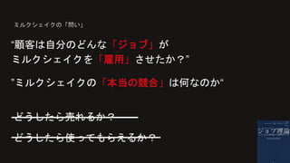 “顧客は自分のどんな「ジョブ」が
ミルクシェイクを「雇用」させたか？”
ミルクシェイクの「問い」
”ミルクシェイクの「本当の競合」は何なのか“
どうしたら売れるか？
どうしたら使ってもらえるか？
 