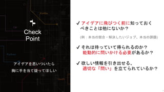 Sansan Builders Box
55
Check
Point
✔ アイデアに飛びつく前に知っておく
べきことは他にないか？
(例：本当の競合・解決したいジョブ、本当の課題)
✔ それは待っていて得られるのか？
能動的に問いかける必要があるか？
✔ 欲しい情報を引き出せる、
適切な「問い」を立てられているか？
アイデアを思いついたら
胸に手を当て疑ってほしい
 