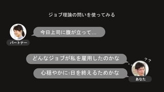 ジョブ理論の問いを使ってみる
今日上司に腹が立って…
どんなジョブが私を雇用したのかな
心穏やかに1日を終えるためかな
パートナー
あなた
 