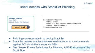 Initial Access with StackSet Phishing
Cado Security | 13
Stackset Phishing
From: AWS
Subject: Deploy this Stackset
EvilRoleInYourAccount:
Effect: Allow
Principal: arn:aws:iam::AttackersAccount
Action: 'sts:AssumeRole'
...AmazonSSMFullAccess…
● Phishing convinces admin to deploy StackSet
● StackSet creates enables attackers AWS account to run commands
against EC2s in victim account via SSM
● See “Lesser Known Techniques for Attacking AWS Environments” by
Scott Piper
 