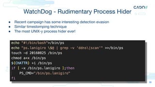 WatchDog - Rudimentary Process Hider
28
● Recent campaign has some interesting detection evasion
● Similar timestomping technique
● The most UNIX-y process hider ever!
 