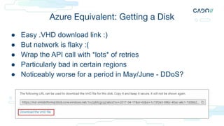 Azure Equivalent: Getting a Disk
● Easy .VHD download link :)
● But network is flaky :(
● Wrap the API call with *lots* of retries
● Particularly bad in certain regions
● Noticeably worse for a period in May/June - DDoS?
 