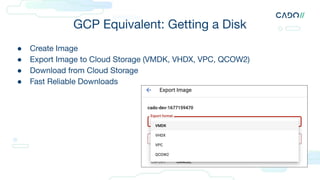GCP Equivalent: Getting a Disk
● Create Image
● Export Image to Cloud Storage (VMDK, VHDX, VPC, QCOW2)
● Download from Cloud Storage
● Fast Reliable Downloads
 