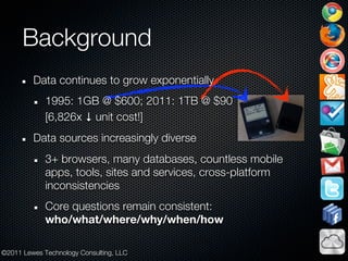 Background
         Data continues to grow exponentially
             1995: 1GB @ $600; 2011: 1TB @ $90
             [6,82...